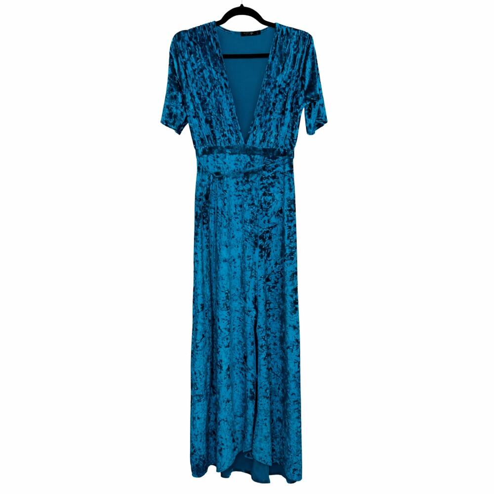 NastyGal Crushed Velvet Plunge Neck US 4 High Slit Faux Wrap Midi Dress